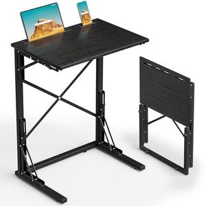 Evermagin 21''Wx28''H Folding TV Tray for Eating, Small Foldable C-Shaped Tray Table with Tablet and Phone Slots, Slide Under Couch Side Table for Recliner, Living Room, Bedroom, Black