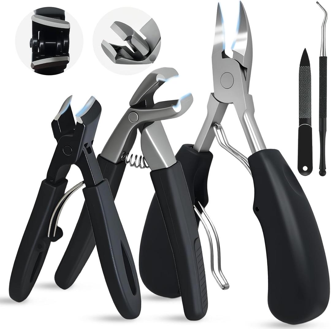 Heavy Duty Toenail Clippers for Seniors with Thick Toenails, Nail Clippers for Men & Women, Slanted Curved Blade with Angled Head, Wide Jaw Toenail Cutter with Catcher & Long Handle 5 Piece Set