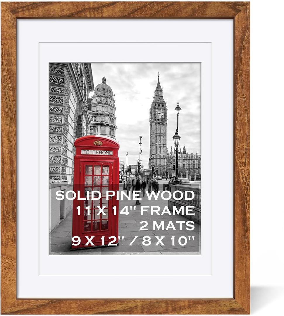 Tiblue 11x14 Picture Frame Solid Wood Display 8x10 Picture Frame or 9x12 with Mat or 11x14 Frame without Mat - Photo Frame 11x14 inch with 2 Mats for Wall Mounting or Table Top