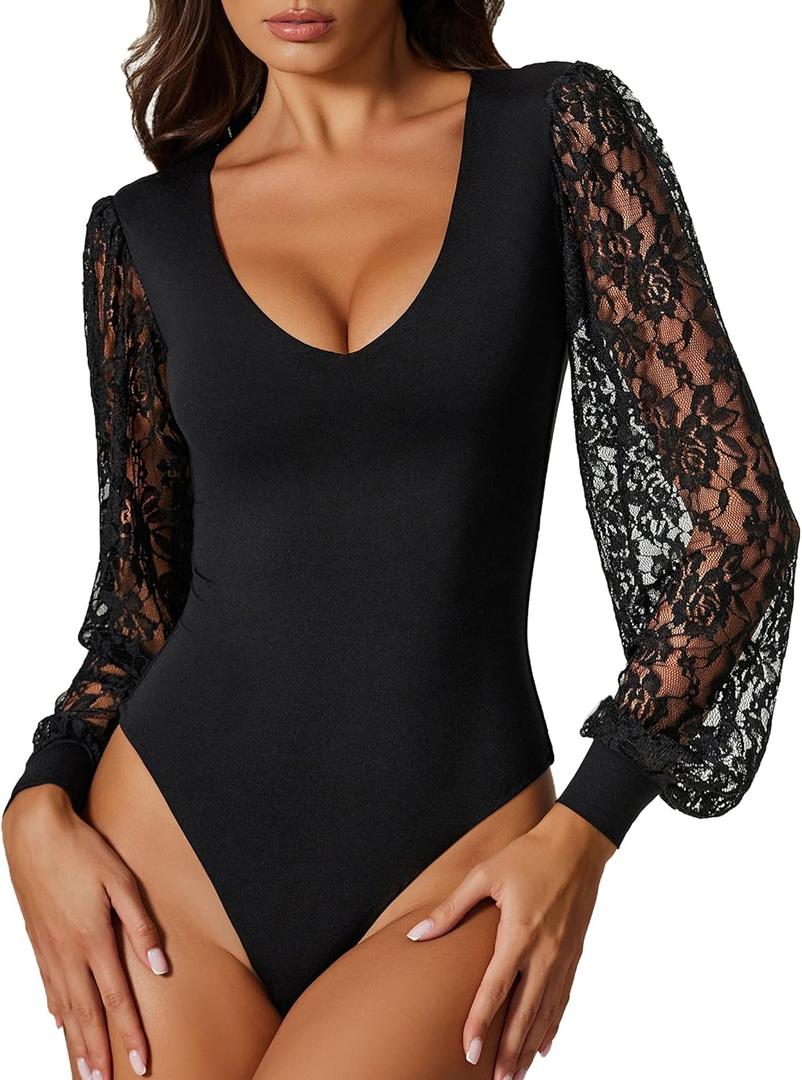 Avidlove Womens Long Sleeve Bodysuit Double Lined V Neck Lace Puff Sleeves Going Out Top Shirts Thong Leotard Body Suit (Large, Black)