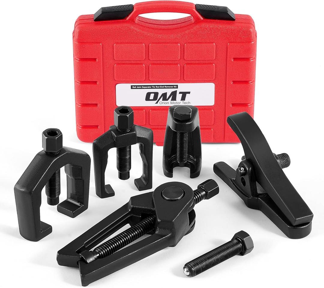 Orion Motor Tech 5-in-1 Ball Joint Separator, Pitman Arm Puller, Tie Rod End Tool Set for Front End Service, Splitter Removal Kit (RB06) (Red Case Black Puller)