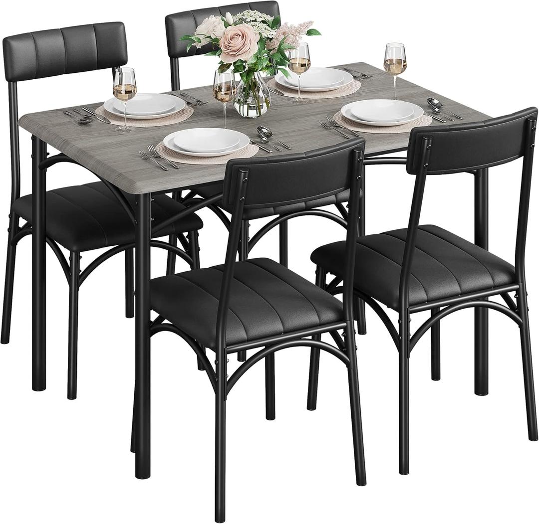 Dining Table for 4,Upholstered Chairs,Small Table and Chairs Set, Dinette Set for 4, Rectangular Dinner Table Set, 5 Piece Kitchen & Dining Room Sets for Small Space,Dining Table Set,Grey