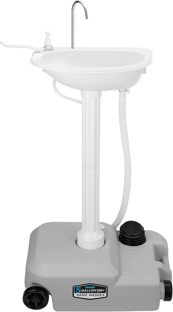 Kohree Portable Sink Hand Wash Station with Wheels, 5 Gal Water Tank, Upgraded Foot Pump & Valve, Soap Dispenser & Towel Holder - Compact Camping Sink for Outdoor Hand Washing