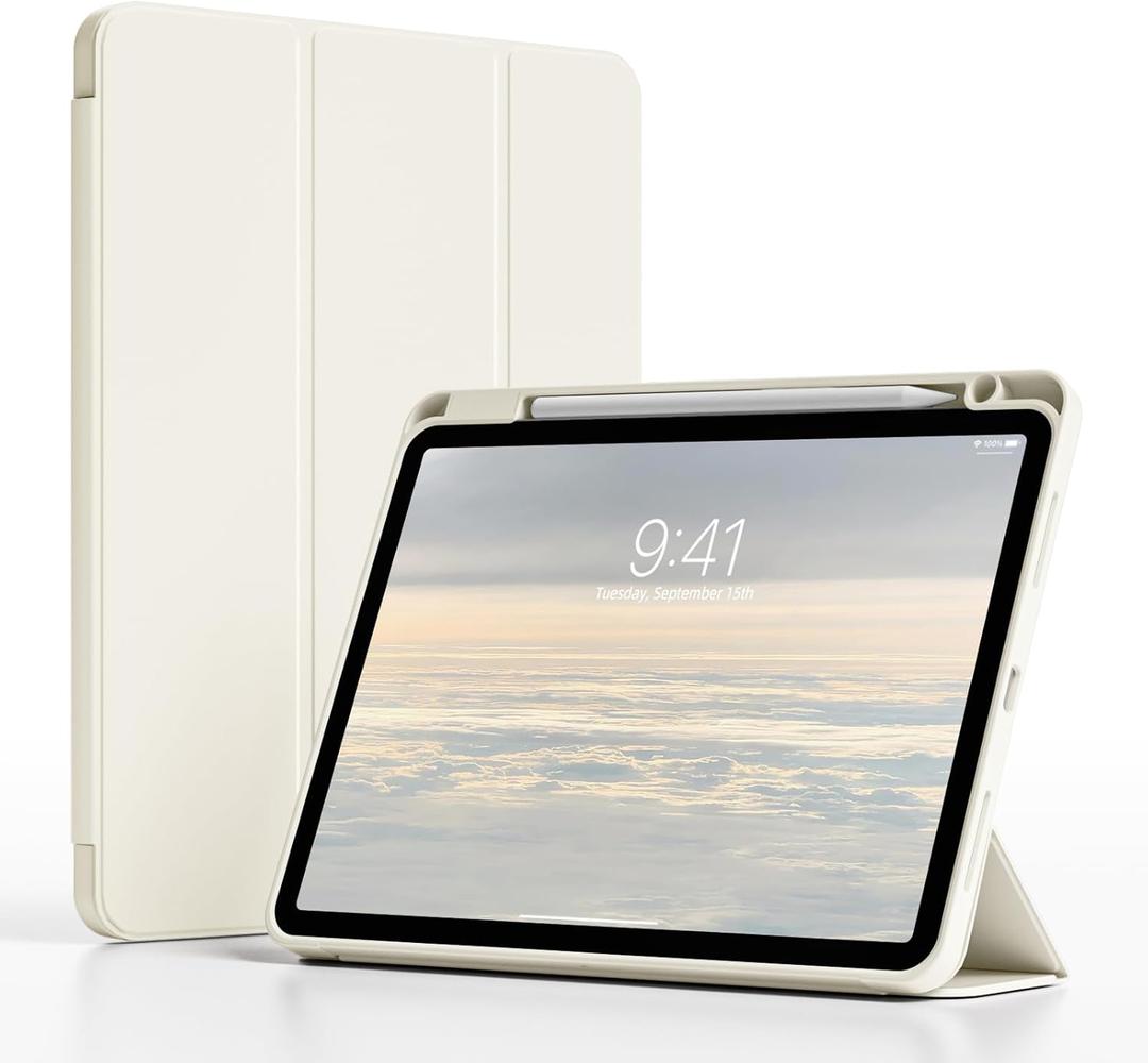 Case for iPad Air 11 inch M2/M3 (2024/2025), iPad Air 5th/4th Generation (2022/2020) 10.9 Inch-Shockproof Cover with Apple Pencil 2 Charging & Holder, Auto Wake/Sleep (White Cream)