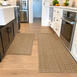 Kitchen Rugs,Kitchen Mats for Floor,Non Slip Washable 20"x 30"+20"x 48" Neutral Braided Rug,Faux Jute Rug with Non Slip Backing for Kitchen,Solid,Easy Clean,Area Rugs Sets of 2Pcs,Tan Brown