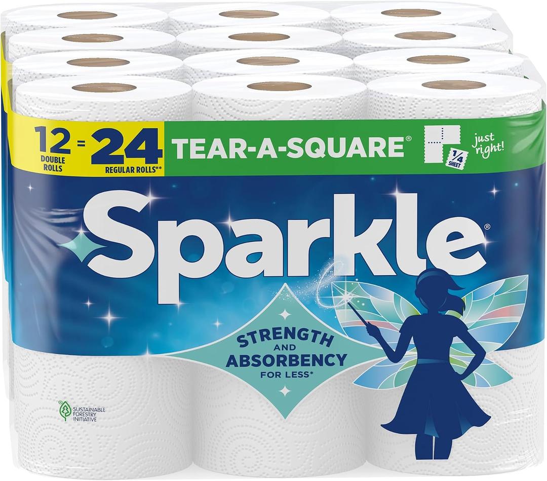 Sparkle Tear-A-Square Paper Towels, 10 Double Rolls - Strong 2-Ply Towels for Kitchen Cleanup and Everyday Messes