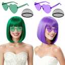 2 Pack Colored Bob Wigs and Heart Sunglasses, Green Light Purple Short Straight Bob Wig with Bangs Neon Party Colorful Synthetic Hair for Women Men Halloween Costume Bachelorette Party Favors