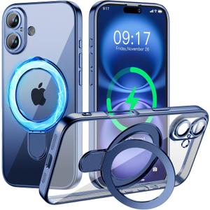 Magnetic for iPhone 16 Case with Invisible Stand[Compatible with MagSafe][Full Camera Lens Protector][Military Drop Protection] Shockproof Not Yellowing Clear Soft Slim for Women Men, Blue