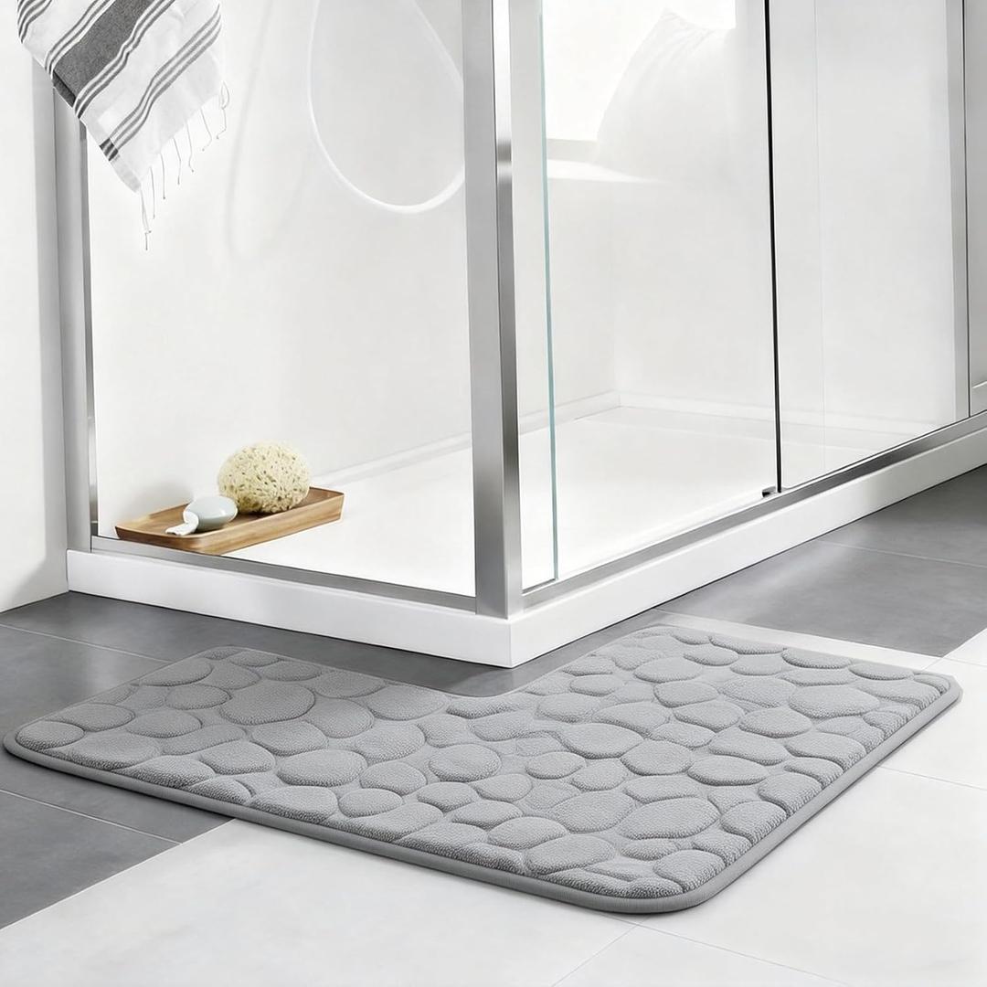 L-Shaped Bath Rug and Shower Mat, Corner Bath Rug for Bathtub, Non-Slip Absorbent Carpet for Bathroom Floor, Machine Washable Grey Shaggy Toilet Mat for Corner Showers (Pebble Grey)