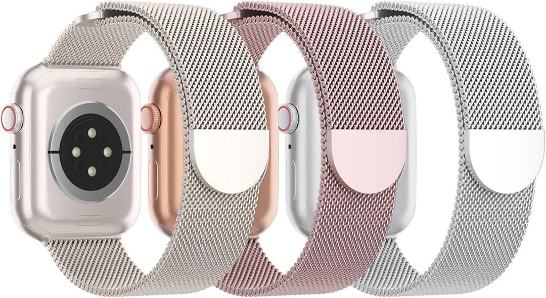 Pack of 3 Mesh Metal Band Compatible with Apple Watch Band 38mm 40mm 41mm 42mm 44mm 45mm 46mm 49mm, Stainless Steel Magnetic Loop Strap for iWatch Ultra 3 2 1 Series 11/10/9/8/SE/7/6/5/4/3 Men Women (F-Starlight/Rose Gold/Silver)