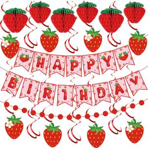 Strawberry Birthday Party Decorations Strawberries Happy Birthday Banner Honeycomb Balls and Hanging Swirls Strawberries Paper Banner Set for Strawberry Theme Birthdays Party Supplies