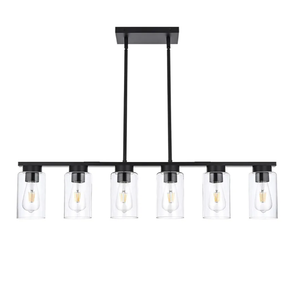 Modern Linear Farmhouse Chandelier, 6-Light Matte Black Kitchen Island Pendant Light with Glass Shade Fixture for Dining Room Foyer Bar Pool Table (Black)