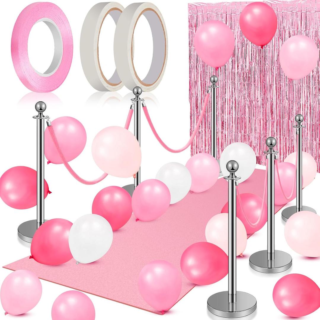 Beeveer 76 Pcs Carpet Runner for Party Set 1 Floor Runner 2 Double Sided Tape 6 Stanchion Post 4 Velvet Carpet Ropes 2 Foil Fringe Backdrop Curtains 60 Balloon 1 Ribbon for Valentine Party(Pink)