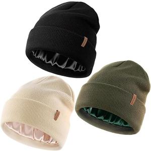 FURTALK Womens Winter Warm Satin Lined Beanie Hats Silk Lining Unisex Knit Slouchy Caps 3 Pcs