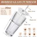Iced Coffee Cups with Lids: Coffee Bar Accessories - Ribbed Glass Tumbler with Straw and Lid 4Pcs - 20oz Leak Proof Tumbler - Reusable Glass Cups and Tumblers with Lid and Straws for To Go Iced Coffee
