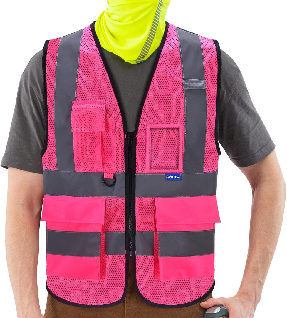 A-SAFETY High Visibility Mesh Safety Reflective Vest with Pockets and Zipper,Hi Viz Work Vest for Men Women (Pink Mesh S)
