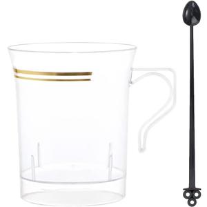 Nervure 60 Pack Clear Gold Plastic Coffee Mugs with 60 PCS Black Coffee Stirrers - 8oz Disposable Coffee Cups with Handles & 5inch Coffee Stirrers - Plastic Tea Cups with Gold Rim for Party