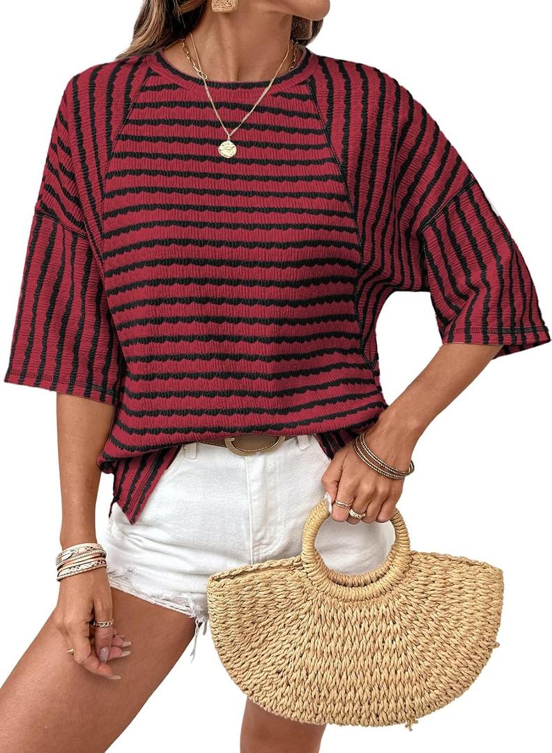 Dokotoo Womens Summer Tops Oversized Tshirts for Women Striped Color Block Short Sleeve T Shirts Crewneck Casual Tee Blouses M