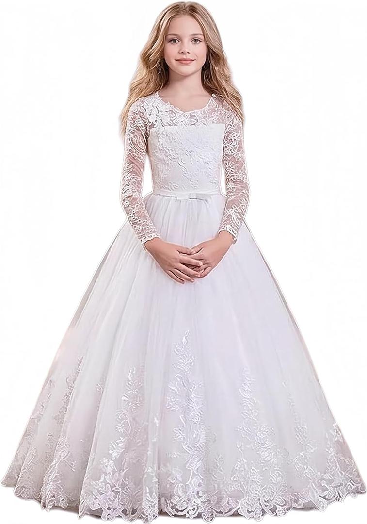 ABAO SISTER Flower Girl Dress Long Sleeve Lace Tulle Pageant Ball Gown First Communion Dress (White, 4-5Y)