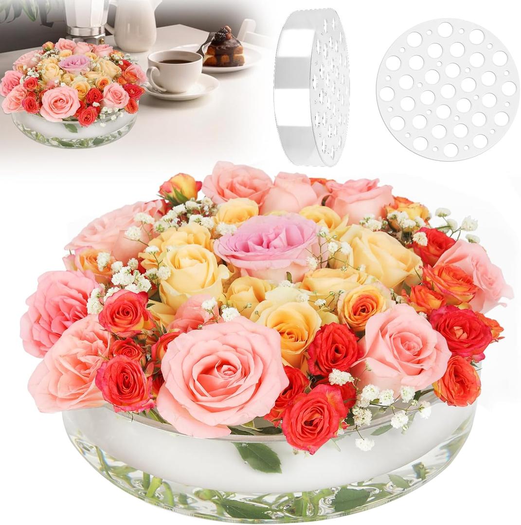 12 Inch Acrylic Flower Vase for Wedding Centerpieces Round, Circular Clear Wide Low Floral Vases with 31 Large + 18 Small Holes for Greater Than 36 inch Width Table Home Party Flower Arrangement (1 Pack(11.8in))