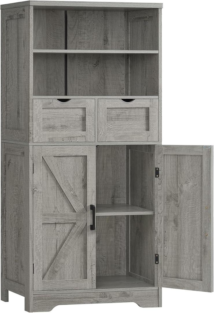 Farmhouse Storage Cabinet with Doors & 2 Drawers, Bathroom Cabinet with Adjustable Shelf, Cupboard for Living Room, Entryway, Home Office, Gray (Grey)