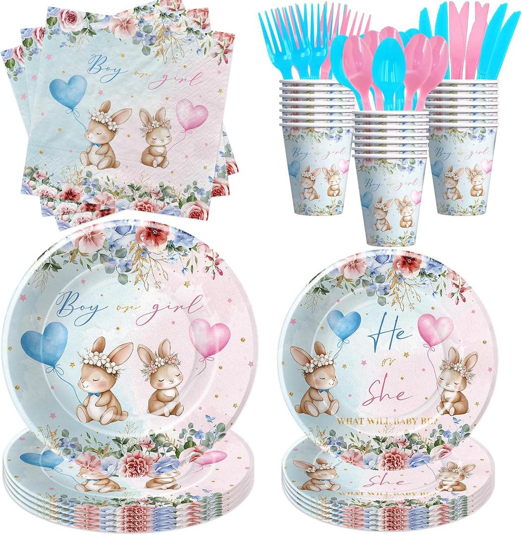 Bunny Gender Reveal Party Decorations Tableware, He or She Bunny Gender Reveal Party Supplies, Rabbit Theme Boy or Girl Paper Plates, Cup, Napkin, Disposable Cutlery, Serves 24