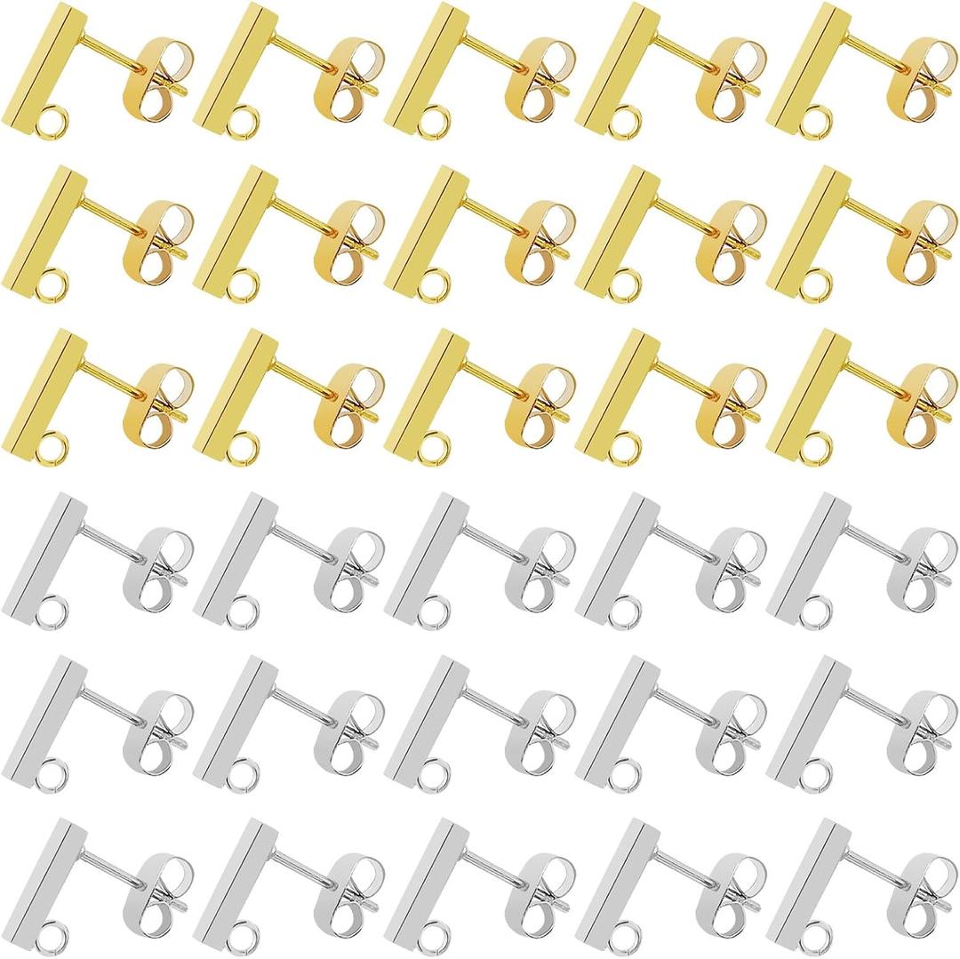40pcs Stainless Steel Earring Posts Stud Hypoallergenic Stud Earring with Loop Rectangle Earring with 200pcs Butterfly Ear Back for DIY Earrings Jewelry Making(240pcs) (Gold,Silver,KC Gold,White K)