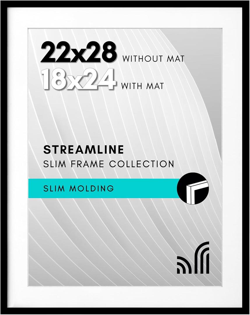 Americanflat 22x28 Poster Frame with Polished Plexiglass - Use as 18x24 Frame with Mat or Display 22x28 Photo Without Mat - Streamline Collection - Thin Border Picture Frames for Wall - Black