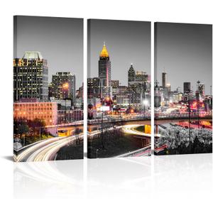 OuElegent City Night Canvas Wall Art Atlanta Skyline Landscape Pictures Prints Artwork for Living Room Bedroom Framed Ready to Hang