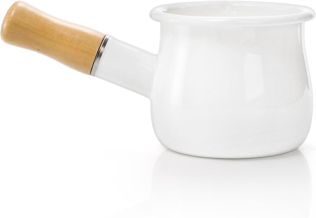 DEAYOU Enamel Milk Pot, 0.6 Quart Mini Butter Warmer Saucepan with Insulated Wooden Handle and Dual Pour Spout, Nonstick Small Soup Pot for Stove Top, Home, Kitchen, Cooking, Heating, Boiling, 18 Oz