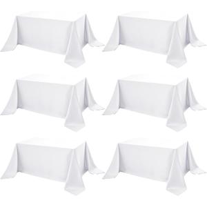 6-Pack White Tablecloths for Rectangle Tables, 90 x 132 Inches, Stain-Resistant Polyester Fabric for 8 Foot Tables - Washable Table Covers for Weddings, Banquets, Birthday Parties, Events