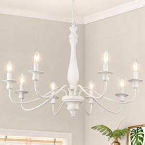French Country Chandelier, 8-Light Distressed White Wood Farmhouse Chandeliers for Dining Room, Vintage Rustic Chandelier Hanging Light Fixture for Bedroom Living Room Foyer Entryway, 28.3"