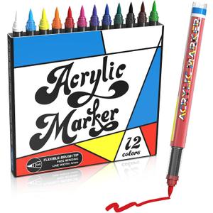 Acrylic Paint Markers, 12 Color Fine Tip Permanent Acrylic Paint Pens For Rock Painting, Canvas, Wood, Glass, Ceramic, Fabric, Plastic, Egg, Scrapbook, Art Painting Supplies Kit