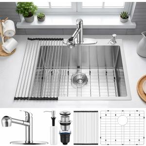Herogo 25×22 Inch Kitchen Sink, Stainless Steel Drop In Single Bowl 10'' Deep Kitchen Sink with Accessories, for Rv Bar Farmhouse, 