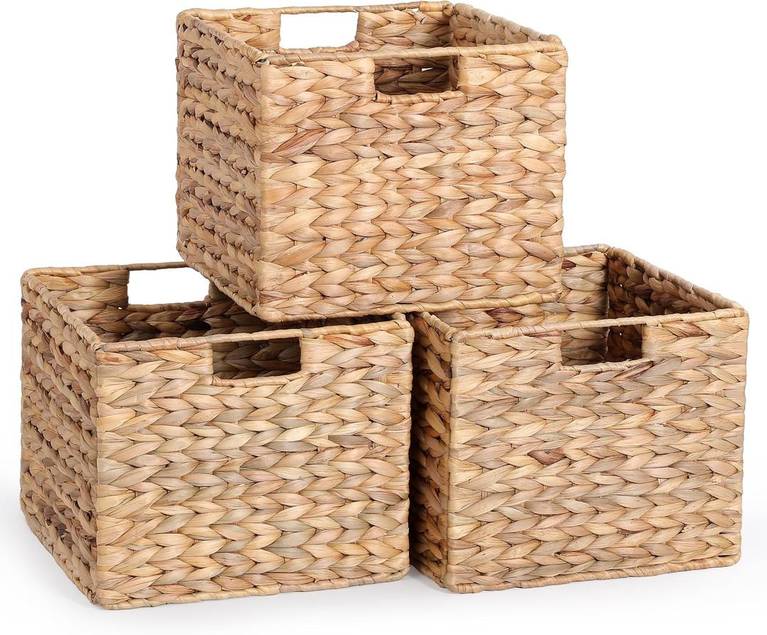 12x12x10in Water Hyacinth Storage Basket Large, Folding Cube Woven Wicker Storage Basket for Shelves, Pantry Baskets Organization and Storage, Kitchen Storage Baskets, Large Rattan Basket Set of 3