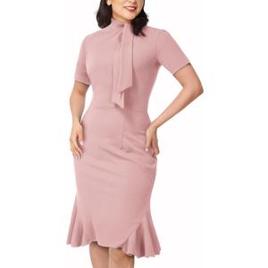 AISIZE Women's 1950s Vintage Tie Neck Cocktail Bodycon Pencil Dress (X-Large, Pink)