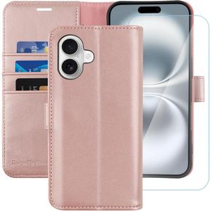 MONASAY Wallet Case Compatible for iPhone 16 5G,[Glass Screen Protector Included] [RFID Blocking] Flip Folio Leather Cell Phone Cover with Credit Card Holder, 6.1-inch, Rosegold
