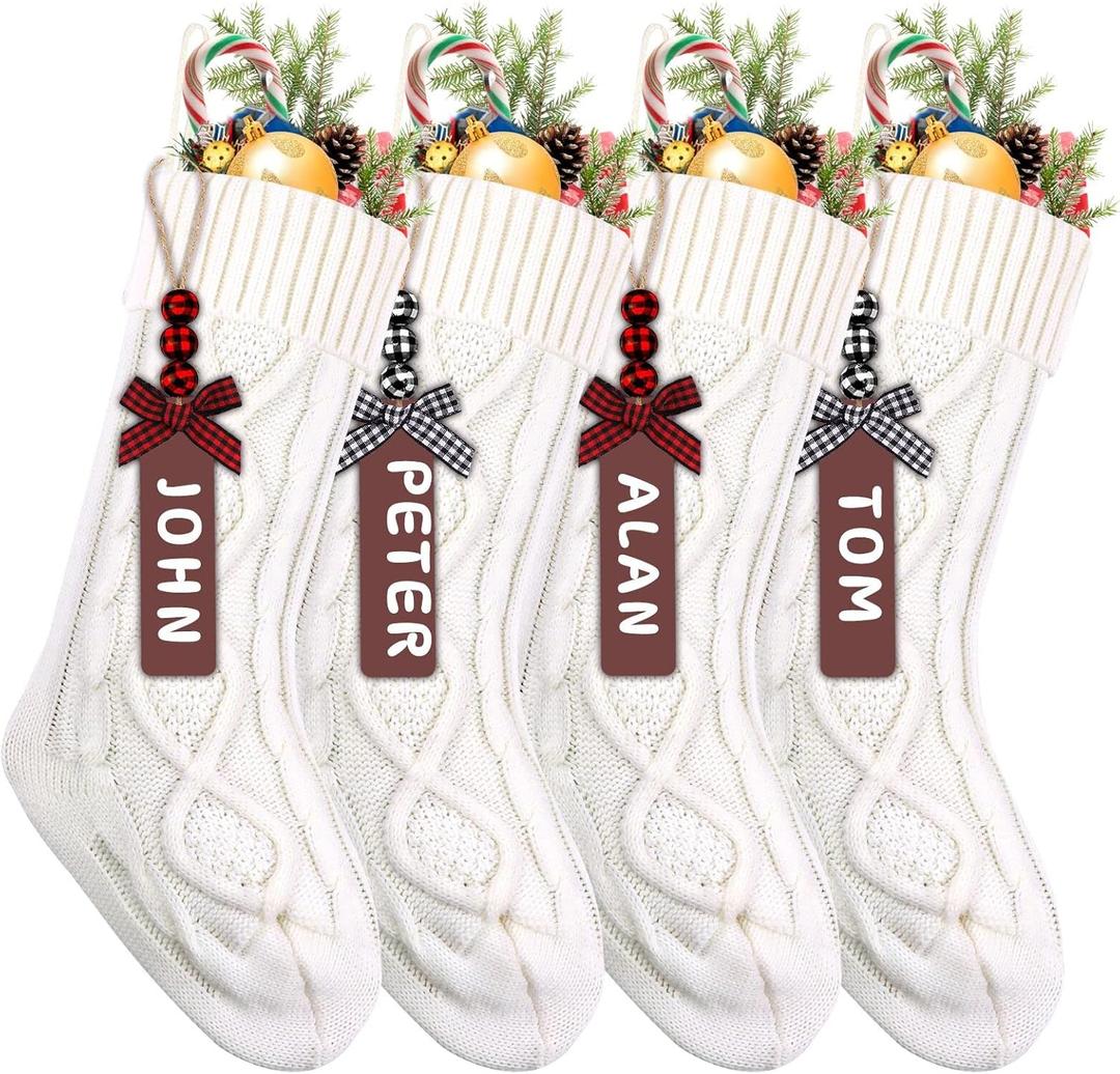 XIMISHOP 4PCS White Christmas Stockings, 18inch Large Personalized Cable Knitted Xmas Hanging Stocking Decorations with Name Tags for Holiday Christmas Party Family Decor