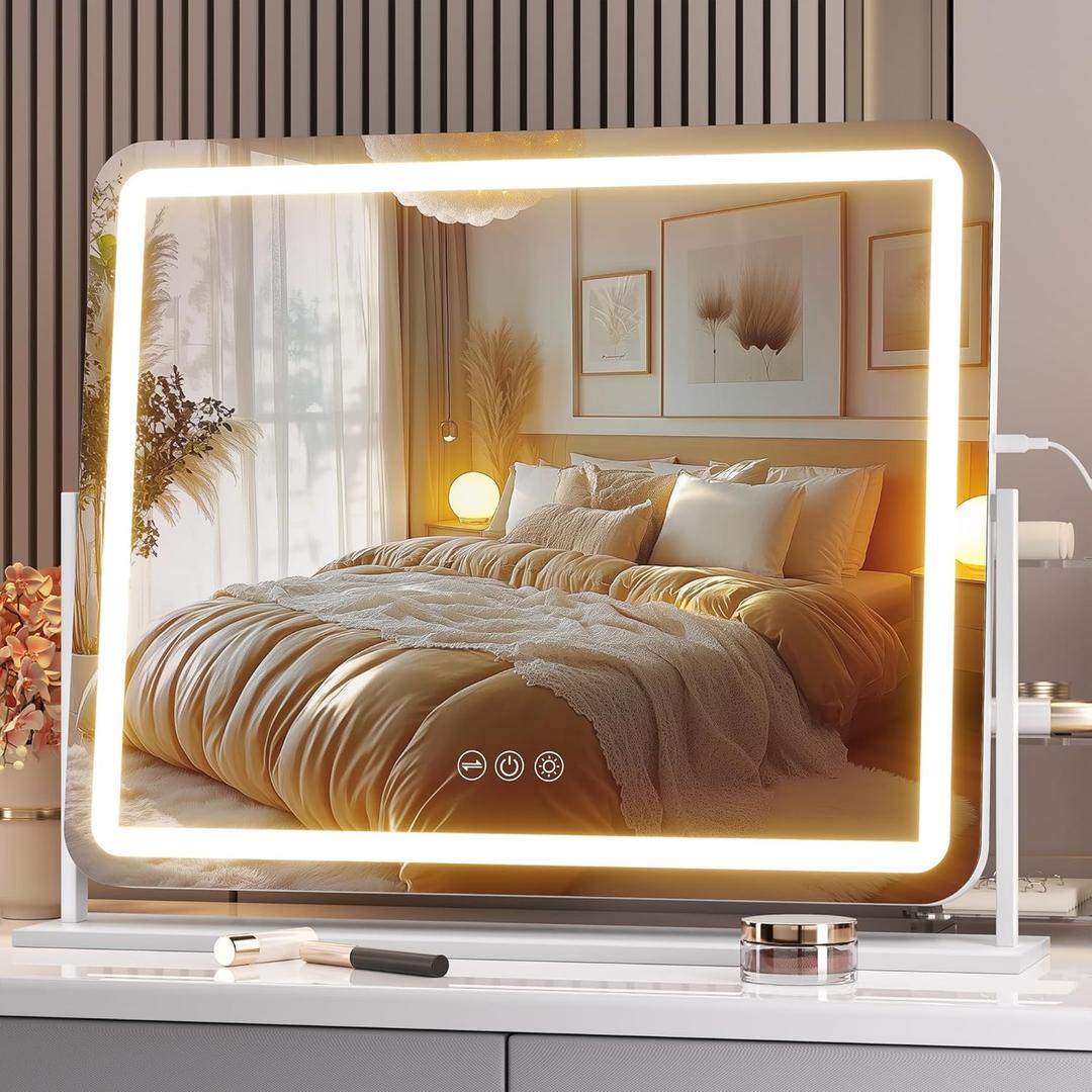Hasipu Vanity Mirror with Lights, 22" x 18" LED Makeup Mirror, Light up Mirror with Smart Touch 3 Colors Dimmable, Brightness Adjustment, 360 Rotation (White) (22"L x 18"W)
