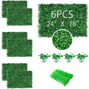 6PCS Artificial Boxwood Panels Grass Wall Backdrop, 24" x 16" Faux Hedge Wall Panels Privacy Fence UV Protection for Indoor, Wedding, Party, Outdoor Garden, Backyard Fence Decoration
