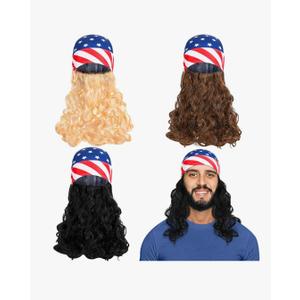 3 Pcs Mullet Wig Skull Cap for Men 4th of July Headscarf Patriotic USA Headscarf Independence Day Wigs