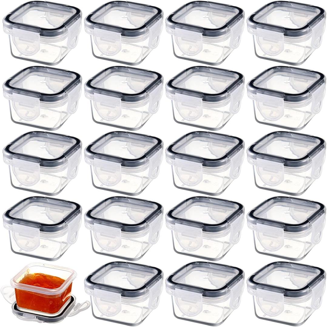 Mimorou 20 Pcs Salad Dressing Containers, 2 oz Reusable Plastic Small Condiment Containers with Lid Leakproof Food Storage for Snack and Puree, Deli, Sauce, Freezer Condiment, Dishwasher Safe (Clear)