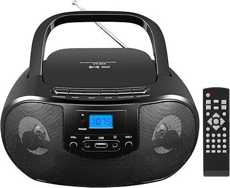 Portable CD Player Boombox with FM Radio, Top Loading CD Stereo Boom Box for Home, Bluetooth, Remote Control, LED Light, Headphone/Mic Jack, Support CDR/RW/MP3CD, USB, LCD Display, Black
