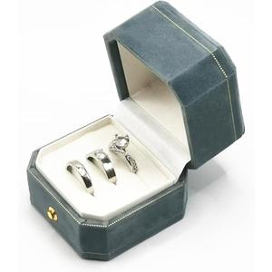 Velvet Wedding Ring Box - Octagon 3 Slots Engagement Ring Boxes with Hinged Lid for Proposal Engagement Wedding, Proposal Ring Box with Gold Lace-PRB003-Lake Blue
