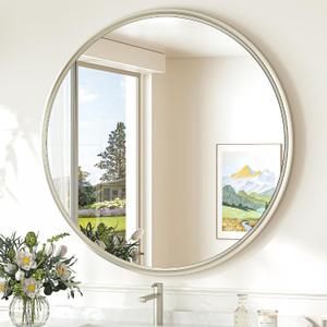 TokeShimi 30 Inch Brushed Nickel Mirror Round Tempered, Shatterproof Bathroom Vanity Mirror Circle, Metal Farmhouse Wall Mounted Mirror for Vanity, Entryway, Bedroom, Restroom, Living Room, 30"L x 30"W, Brushed Nickel 