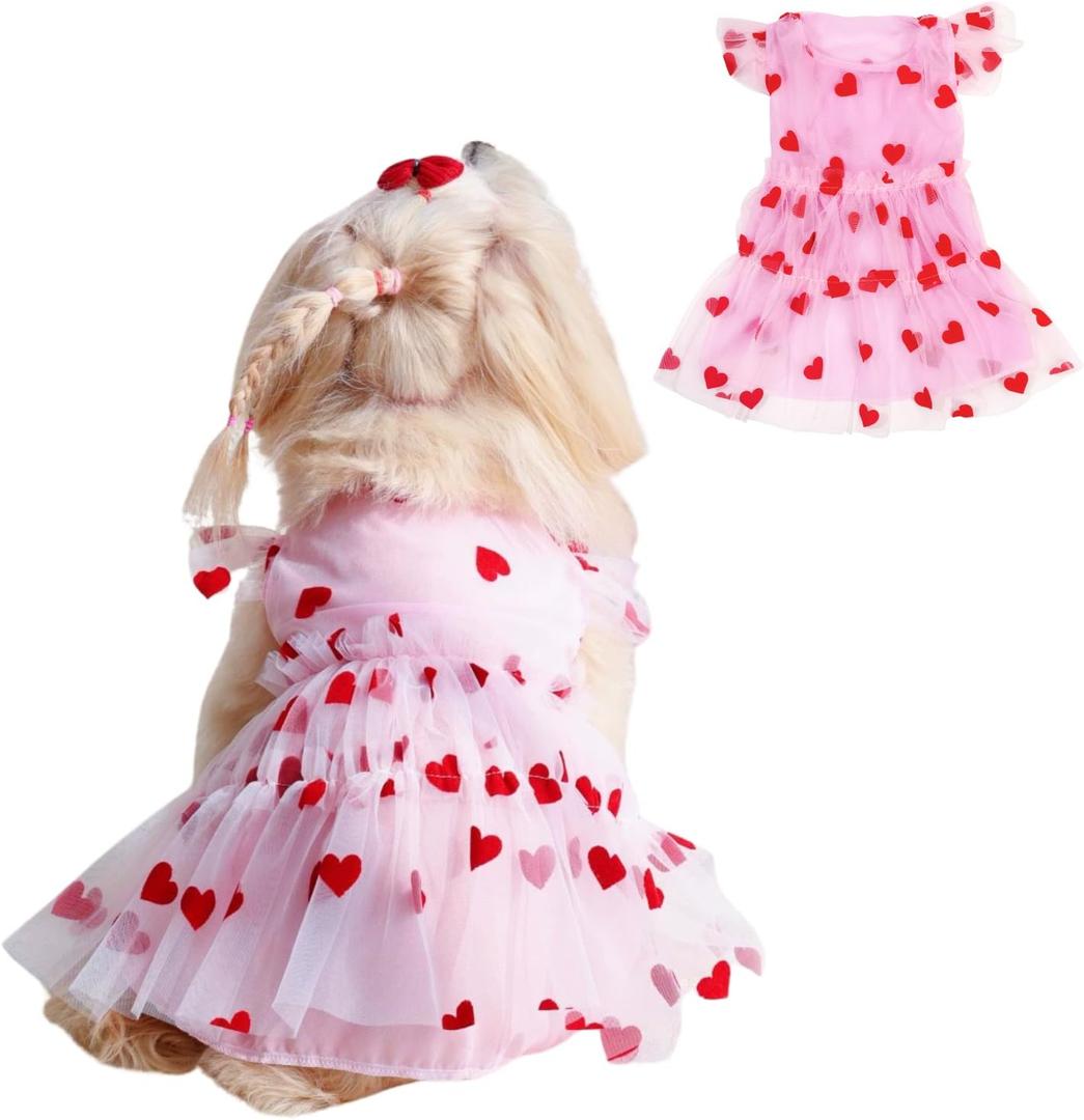 Cute Dog Dress Pink Tulle Puppy Dress with Heart Patches Pet Clothes for Small Dogs Cats, S