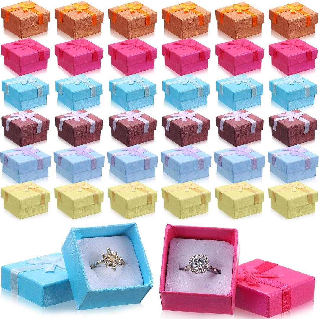 Bucherry 72 Pcs Ring Boxes 1.6 x 1.6 In Hard Cardboard Jewelry Box with Ribbon Bow Small Jewelry Gift Cases for Small Business(Elegant Color)