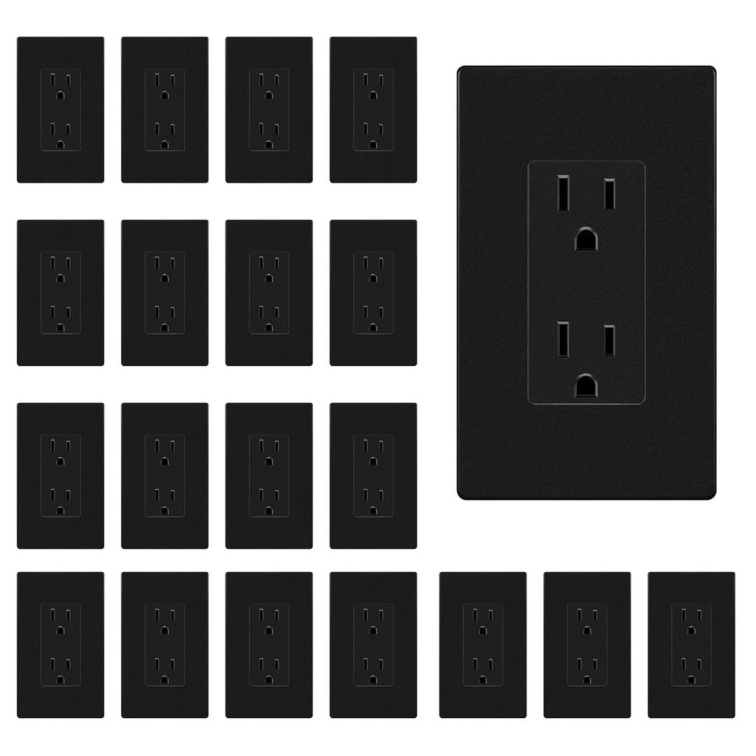 ENERLITES 20 Pack Matte Black Decorator Receptacle with Screwless Wall Plate, Standard Electrical Wall Outlet, 15A 125V, Self-Grounding, 2-Pole, 3-Wire, 5-15R, UL Listed, Non Tamper Resistant