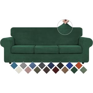 WEERRW 4 Pieces Velvet High Stretch Couch Covers for 3 Cushion Couch Sofa Slipcovers, Washable Furniture Protector with Non Slip Elastic Bottom, Feature Soft Plush Fabric, Emerald Green, Large
