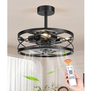 Fivesun Caged Ceiling Fan with Light with Remote, 17" Bladeless Industrial Ceiling Fan with Remote, Farmhouse Fan Lights Ceiling 6 Speed, Timing Fashionable,Matte Black